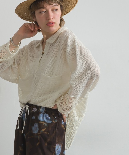 le colis(ルコリ)の「メッシュ編み MIX 切替 メッシュ ポロシャツ プルオーバー(シャツ/ブラウス・レディース・オフホワイト/ブラック・FREE)」の3枚目の写真