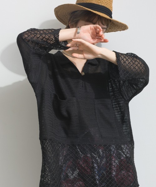 le colis(ルコリ)の「メッシュ編み MIX 切替 メッシュ ポロシャツ プルオーバー(シャツ/ブラウス・レディース・オフホワイト/ブラック・FREE)」の4枚目の写真
