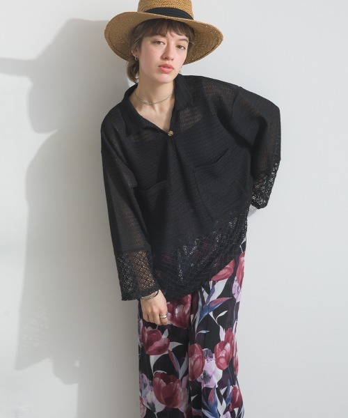 le colis(ルコリ)の「メッシュ編み MIX 切替 メッシュ ポロシャツ プルオーバー(シャツ/ブラウス・レディース・オフホワイト/ブラック・FREE)」の9枚目の写真