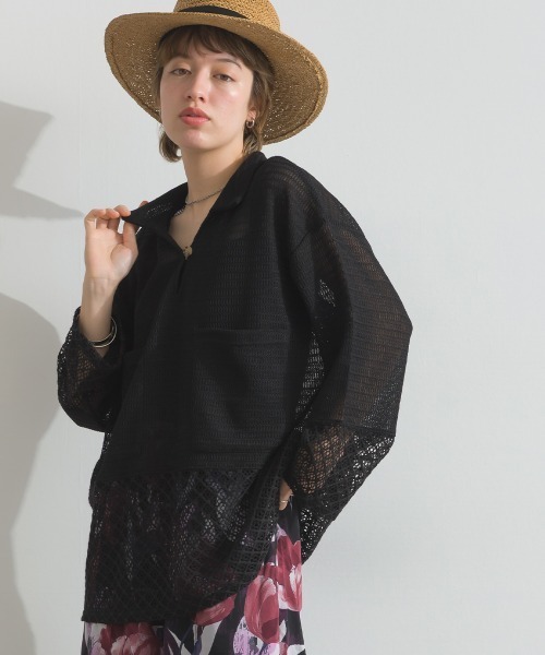 le colis(ルコリ)の「メッシュ編み MIX 切替 メッシュ ポロシャツ プルオーバー(シャツ/ブラウス・レディース・オフホワイト/ブラック・FREE)」の12枚目の写真