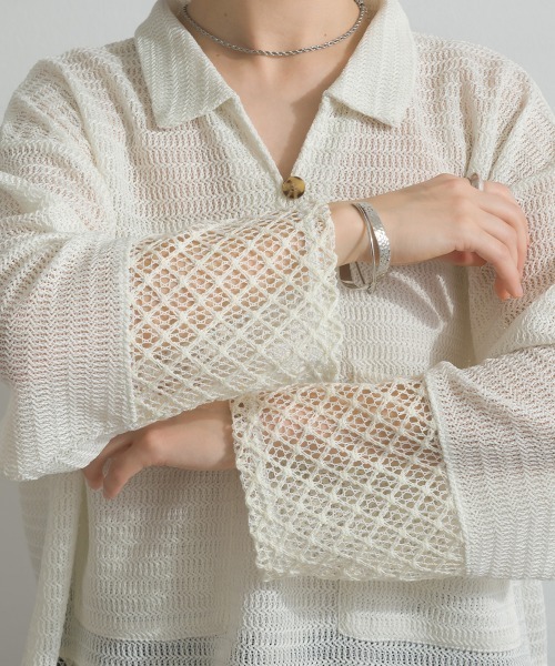 le colis(ルコリ)の「メッシュ編み MIX 切替 メッシュ ポロシャツ プルオーバー(シャツ/ブラウス・レディース・オフホワイト/ブラック・FREE)」の14枚目の写真