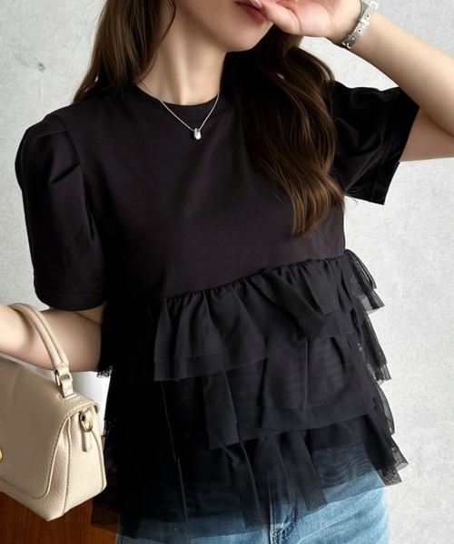 Eclat one（エクラワン）の「【Eclat one】チュール ティアード 半袖 カットソー（Tシャツ/カットソー・レディース・グレー/オフホワイト/ブラック・FREE）」の2枚目の写真