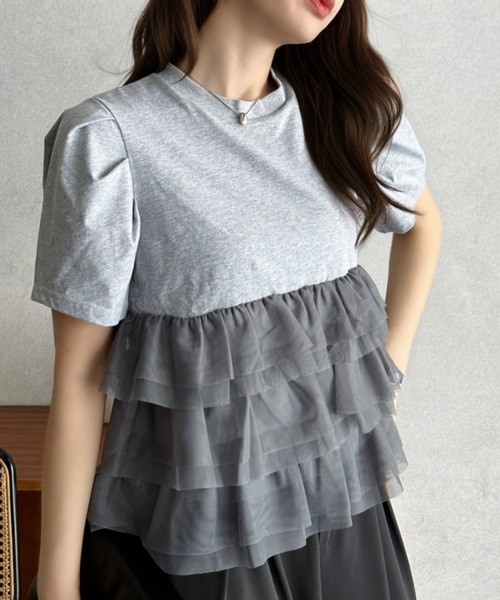 Eclat one（エクラワン）の「【Eclat one】チュール ティアード 半袖 カットソー（Tシャツ/カットソー・レディース・グレー/オフホワイト/ブラック・FREE）」の18枚目の写真