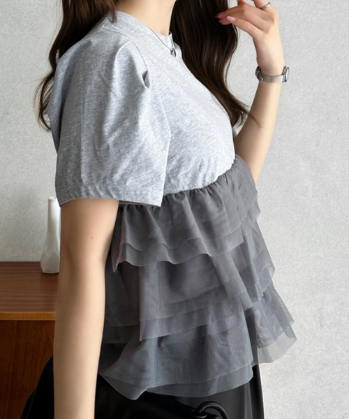 Eclat one（エクラワン）の「【Eclat one】チュール ティアード 半袖 カットソー（Tシャツ/カットソー・レディース・グレー/オフホワイト/ブラック・FREE）」の15枚目の写真