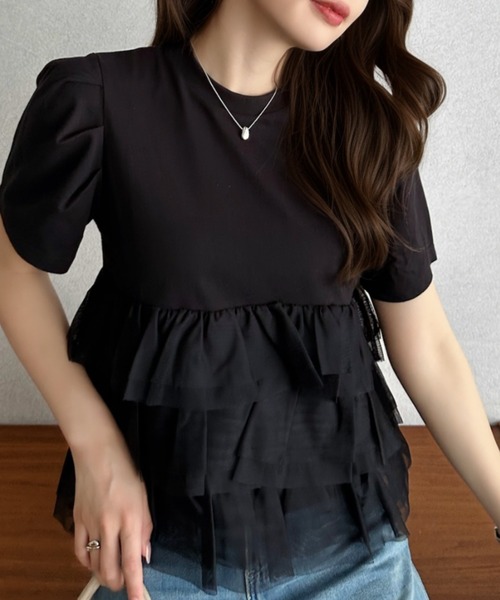 Eclat one（エクラワン）の「【Eclat one】チュール ティアード 半袖 カットソー（Tシャツ/カットソー・レディース・グレー/オフホワイト/ブラック・FREE）」の9枚目の写真