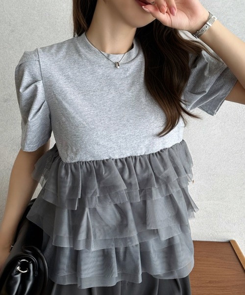 Eclat one（エクラワン）の「【Eclat one】チュール ティアード 半袖 カットソー（Tシャツ/カットソー・レディース・グレー/オフホワイト/ブラック・FREE）」の17枚目の写真