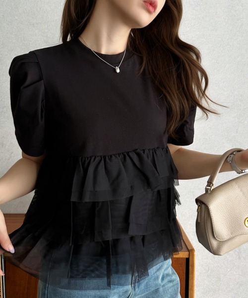 Eclat one（エクラワン）の「【Eclat one】チュール ティアード 半袖 カットソー（Tシャツ/カットソー・レディース・グレー/オフホワイト/ブラック・FREE）」の12枚目の写真