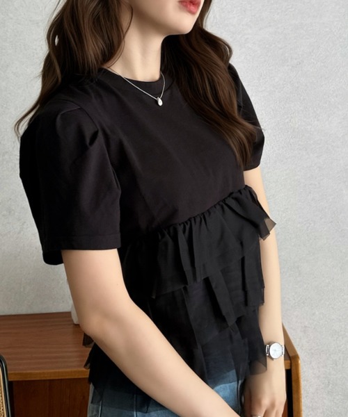 Eclat one（エクラワン）の「【Eclat one】チュール ティアード 半袖 カットソー（Tシャツ/カットソー・レディース・グレー/オフホワイト/ブラック・FREE）」の10枚目の写真