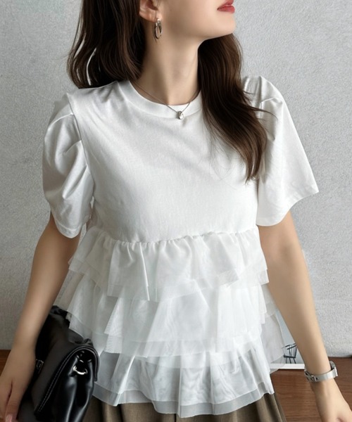 Eclat one（エクラワン）の「【Eclat one】チュール ティアード 半袖 カットソー（Tシャツ/カットソー・レディース・グレー/オフホワイト/ブラック・FREE）」の4枚目の写真