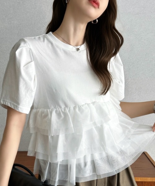 Eclat one（エクラワン）の「【Eclat one】チュール ティアード 半袖 カットソー（Tシャツ/カットソー・レディース・グレー/オフホワイト/ブラック・FREE）」の7枚目の写真