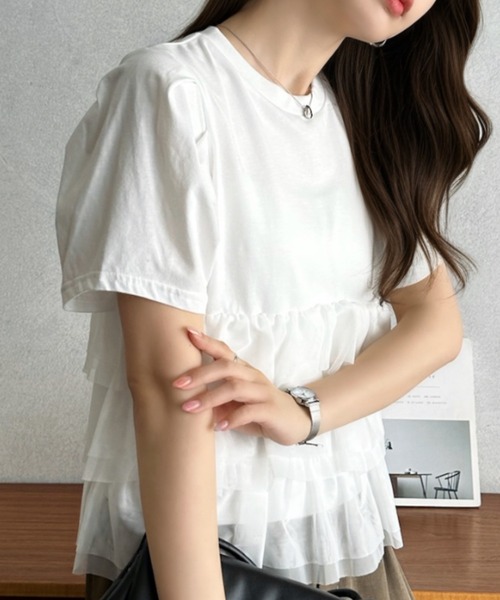 Eclat one（エクラワン）の「【Eclat one】チュール ティアード 半袖 カットソー（Tシャツ/カットソー・レディース・グレー/オフホワイト/ブラック・FREE）」の5枚目の写真