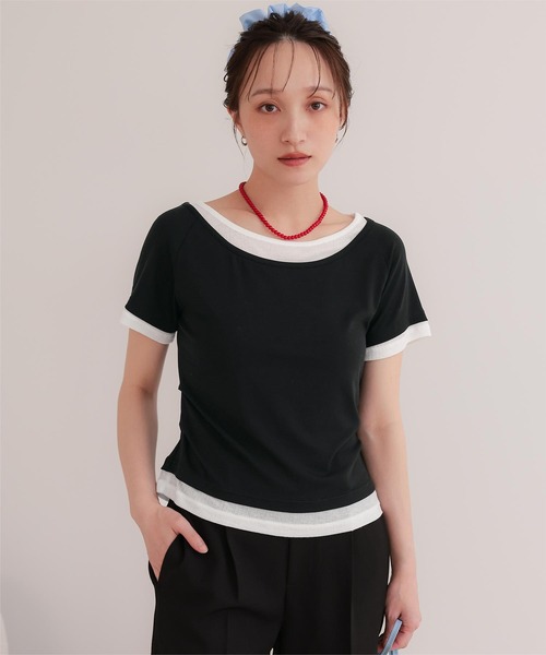 miette(ミエット)の「配色レイヤード風半袖トップス(Tシャツ/カットソー・レディース・チャコール/ライトブルー/ブラック/ライトイエロー・L/M/S)」の1枚目の写真