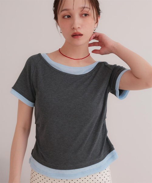 miette(ミエット)の「配色レイヤード風半袖トップス(Tシャツ/カットソー・レディース・チャコール/ライトブルー/ブラック/ライトイエロー・L/M/S)」の12枚目の写真