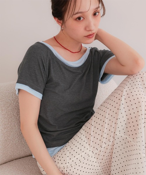 miette(ミエット)の「配色レイヤード風半袖トップス(Tシャツ/カットソー・レディース・チャコール/ライトブルー/ブラック/ライトイエロー・L/M/S)」の19枚目の写真