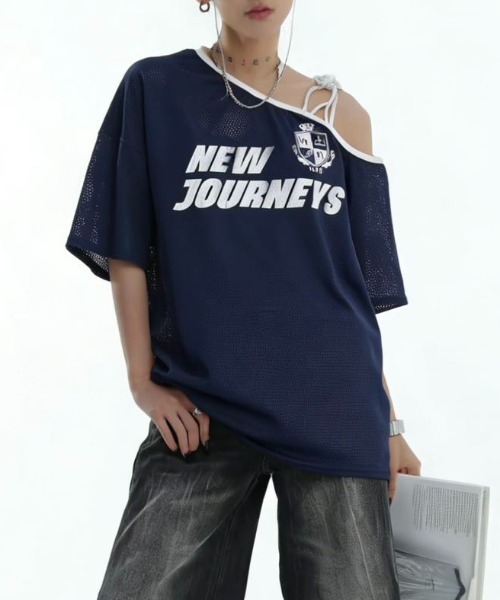 WESTSEA(ウエストシー)の「メッシュ ワンショルダー ゲームTシャツ 半袖 オフショルダー ビッグシルエット スポーツMIX(Tシャツ/カットソー・レディース・ブラック/カモフラージュ/ネイビー/ホワイト・FREE)」の4枚目の写真