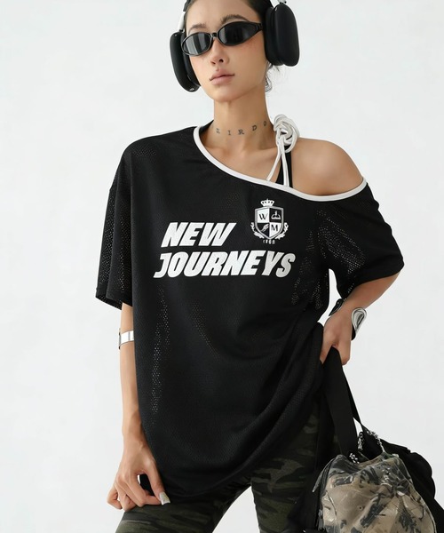 WESTSEA(ウエストシー)の「メッシュ ワンショルダー ゲームTシャツ 半袖 オフショルダー ビッグシルエット スポーツMIX(Tシャツ/カットソー・レディース・ブラック/カモフラージュ/ネイビー/ホワイト・FREE)」の3枚目の写真