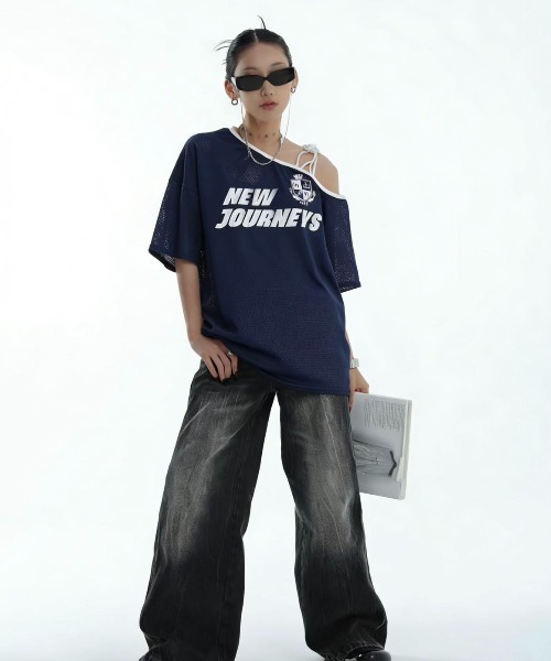 WESTSEA(ウエストシー)の「メッシュ ワンショルダー ゲームTシャツ 半袖 オフショルダー ビッグシルエット スポーツMIX(Tシャツ/カットソー・レディース・ブラック/カモフラージュ/ネイビー/ホワイト・FREE)」の10枚目の写真