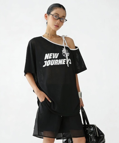 WESTSEA(ウエストシー)の「メッシュ ワンショルダー ゲームTシャツ 半袖 オフショルダー ビッグシルエット スポーツMIX(Tシャツ/カットソー・レディース・ブラック/カモフラージュ/ネイビー/ホワイト・FREE)」の8枚目の写真