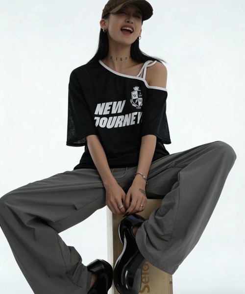 WESTSEA(ウエストシー)の「メッシュ ワンショルダー ゲームTシャツ 半袖 オフショルダー ビッグシルエット スポーツMIX(Tシャツ/カットソー・レディース・ブラック/カモフラージュ/ネイビー/ホワイト・FREE)」の9枚目の写真