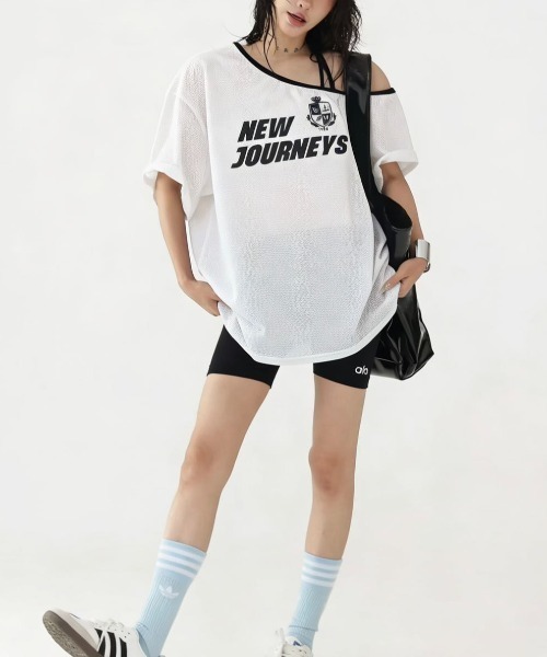 WESTSEA(ウエストシー)の「メッシュ ワンショルダー ゲームTシャツ 半袖 オフショルダー ビッグシルエット スポーツMIX(Tシャツ/カットソー・レディース・ブラック/カモフラージュ/ネイビー/ホワイト・FREE)」の6枚目の写真