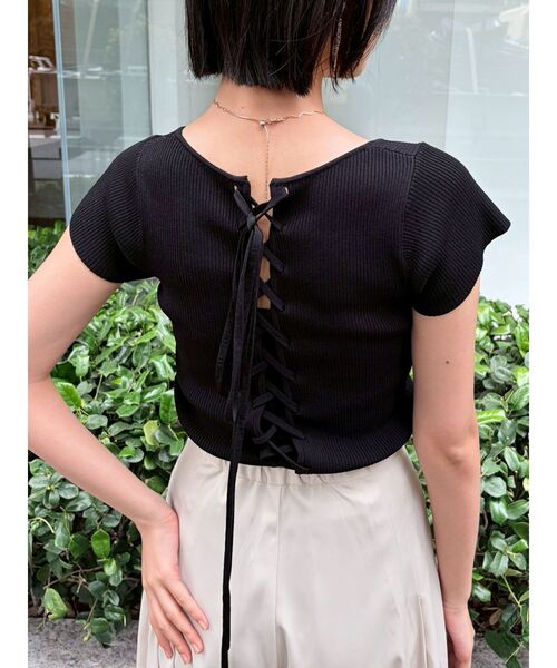 LAGUNAMOON(ラグナムーン)の「バックレースアップコンパクトニット 【夏服】 【半袖】(Tシャツ/カットソー・レディース・ボルドー/ホワイト/ブラック・FREE)」の3枚目の写真