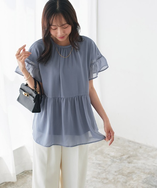 Pierrot(ピエロ)の「インナー付き ペプラムギャザーシフォンブラウス(シャツ/ブラウス・レディース・チャコール/ブルー系その他/グレイッシュベージュ/ネイビー・L/M/LL)」の5枚目の写真