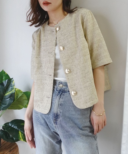 CORNERS（コーナーズ）の「サマーツイード金ボタン半袖ジャケット（ノーカラージャケット・レディース・オレンジ/ライトベージュ/ライトグレー・M）」の13枚目の写真