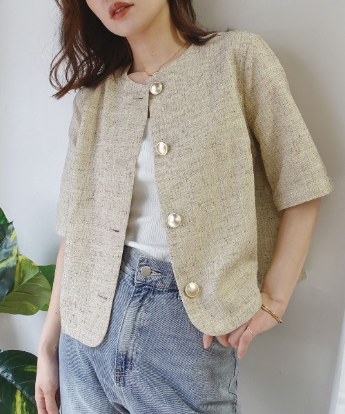CORNERS（コーナーズ）の「サマーツイード金ボタン半袖ジャケット（ノーカラージャケット・レディース・オレンジ/ライトベージュ/ライトグレー・M）」の14枚目の写真