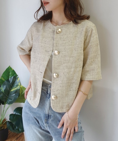 CORNERS（コーナーズ）の「サマーツイード金ボタン半袖ジャケット（ノーカラージャケット・レディース・オレンジ/ライトベージュ/ライトグレー・M）」の16枚目の写真