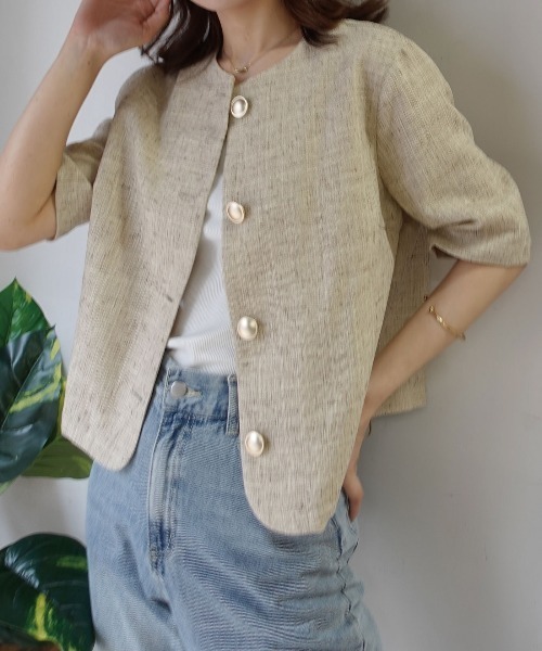 CORNERS（コーナーズ）の「サマーツイード金ボタン半袖ジャケット（ノーカラージャケット・レディース・オレンジ/ライトベージュ/ライトグレー・M）」の17枚目の写真