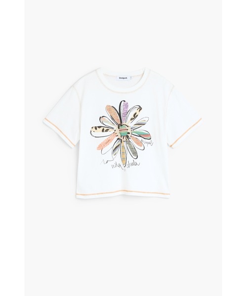 Desigual(デシグアル)の「フェザーフラワープリントTシャツ/オフホワイト【2026秋冬新作】(Tシャツ/カットソー・レディース・ホワイト・S/M/XL)」の1枚目の写真