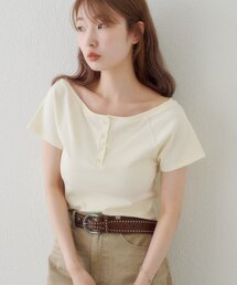 【無地&ボーダー】オフショルリブ半袖tee