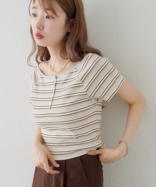 無地&ボーダー】オフショルリブ半袖tee（Tシャツ/カットソー