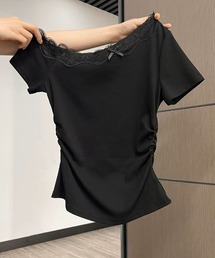 ワンショルダー レース ギャザー クロップド 半袖Tシャツ