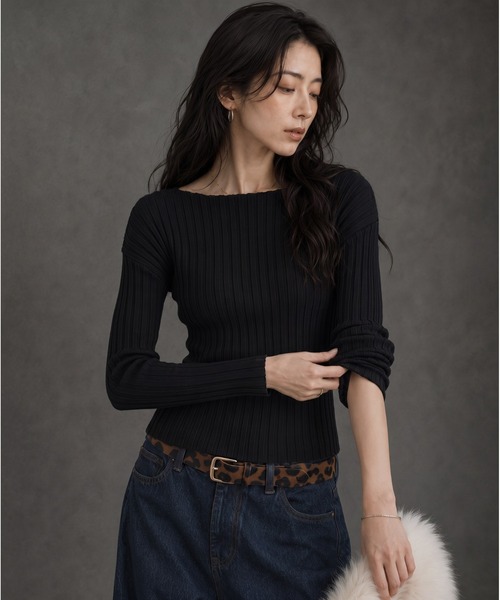 ap retro(アプレトロ)の「【ap retro basic】ワイドリブボートネックニット(ニット/セーター・レディース・ブラック/モカ/チャコール/ライトベージュ・FREE)」の2枚目の写真
