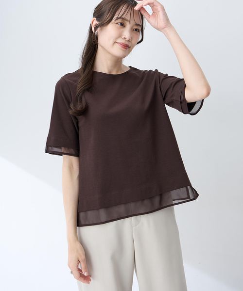 A/C DESIGN BY ALPHA CUBIC(エーシーデザインバイアルファキュービック)の「シフォンドッキングTシャツ【接触冷感・UVカット】(Tシャツ/カットソー・レディース・ネイビー/ブラウン・M/L/LL)」の2枚目の写真