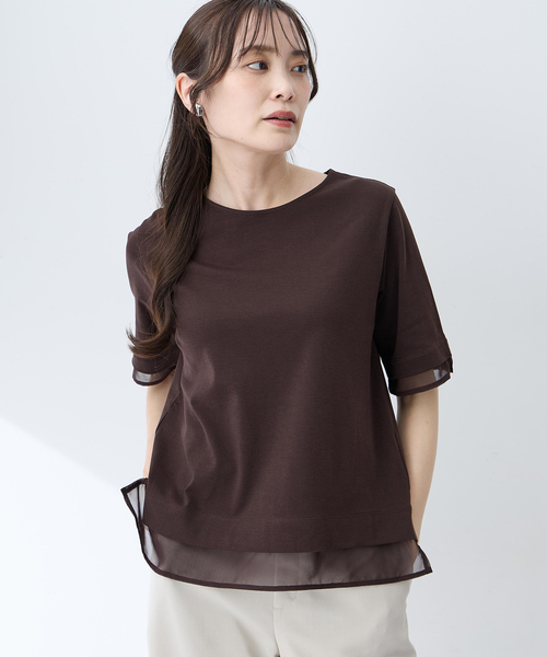 A/C DESIGN BY ALPHA CUBIC(エーシーデザインバイアルファキュービック)の「シフォンドッキングTシャツ【接触冷感・UVカット】(Tシャツ/カットソー・レディース・ネイビー/ブラウン・M/L/LL)」の21枚目の写真
