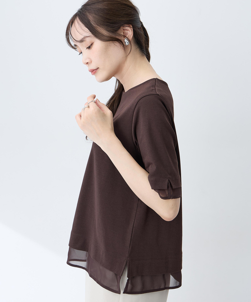 A/C DESIGN BY ALPHA CUBIC(エーシーデザインバイアルファキュービック)の「シフォンドッキングTシャツ【接触冷感・UVカット】(Tシャツ/カットソー・レディース・ネイビー/ブラウン・M/L/LL)」の3枚目の写真