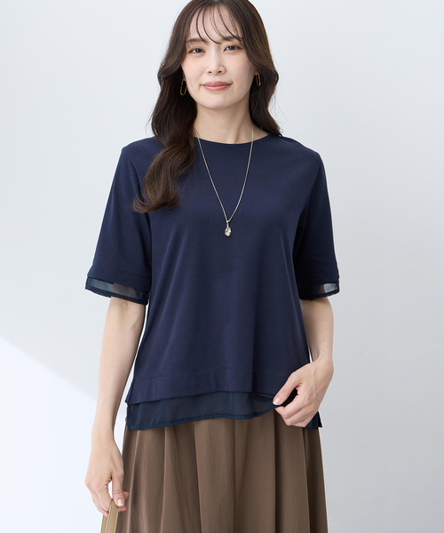 A/C DESIGN BY ALPHA CUBIC(エーシーデザインバイアルファキュービック)の「シフォンドッキングTシャツ【接触冷感・UVカット】(Tシャツ/カットソー・レディース・ネイビー/ブラウン・M/L/LL)」の5枚目の写真