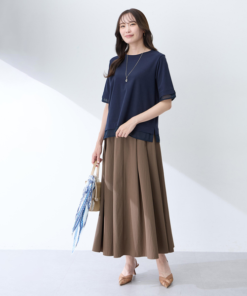 A/C DESIGN BY ALPHA CUBIC(エーシーデザインバイアルファキュービック)の「シフォンドッキングTシャツ【接触冷感・UVカット】(Tシャツ/カットソー・レディース・ネイビー/ブラウン・M/L/LL)」の6枚目の写真