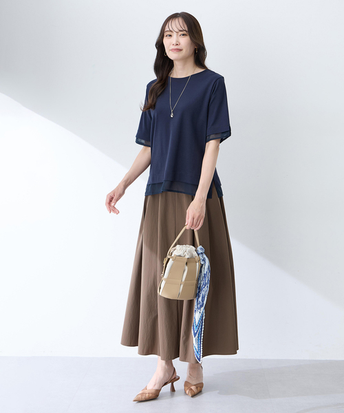 A/C DESIGN BY ALPHA CUBIC(エーシーデザインバイアルファキュービック)の「シフォンドッキングTシャツ【接触冷感・UVカット】(Tシャツ/カットソー・レディース・ネイビー/ブラウン・M/L/LL)」の7枚目の写真