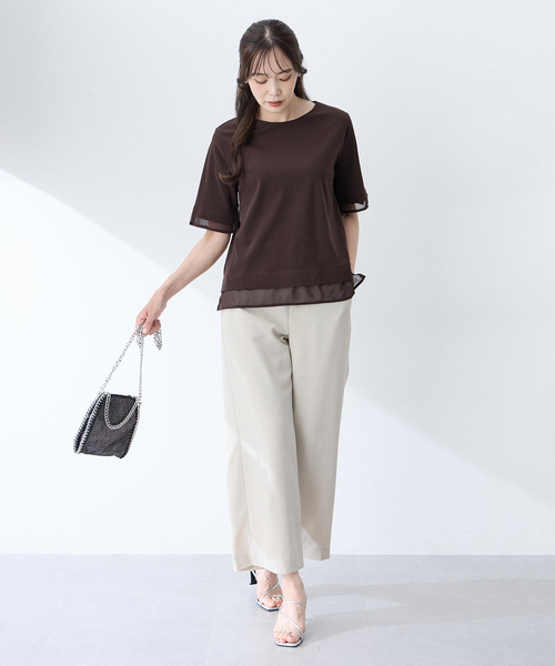 A/C DESIGN BY ALPHA CUBIC(エーシーデザインバイアルファキュービック)の「シフォンドッキングTシャツ【接触冷感・UVカット】(Tシャツ/カットソー・レディース・ネイビー/ブラウン・M/L/LL)」の8枚目の写真