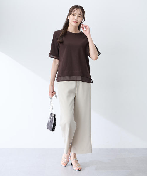 A/C DESIGN BY ALPHA CUBIC(エーシーデザインバイアルファキュービック)の「シフォンドッキングTシャツ【接触冷感・UVカット】(Tシャツ/カットソー・レディース・ネイビー/ブラウン・M/L/LL)」の9枚目の写真