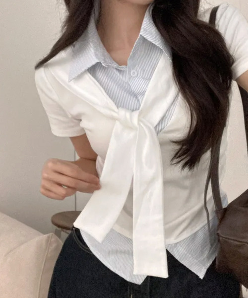 VIVID LADY(ビビッドレディー)の「タイ付き レイヤード風 シャツドッキング半袖トップス(Tシャツ/カットソー・レディース・グレー/アイボリー/ブラック・FREE)」の6枚目の写真