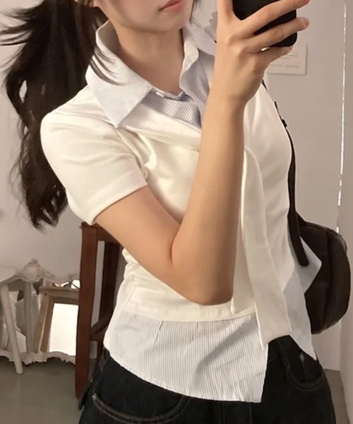 VIVID LADY(ビビッドレディー)の「タイ付き レイヤード風 シャツドッキング半袖トップス(Tシャツ/カットソー・レディース・グレー/アイボリー/ブラック・FREE)」の8枚目の写真