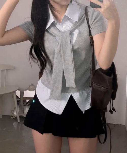 VIVID LADY(ビビッドレディー)の「タイ付き レイヤード風 シャツドッキング半袖トップス(Tシャツ/カットソー・レディース・グレー/アイボリー/ブラック・FREE)」の18枚目の写真
