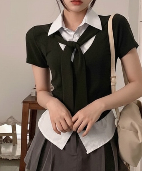 VIVID LADY(ビビッドレディー)の「タイ付き レイヤード風 シャツドッキング半袖トップス(Tシャツ/カットソー・レディース・グレー/アイボリー/ブラック・FREE)」の21枚目の写真