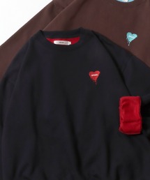 SITRY Heart Embroidery Color Scheme Sweat Shirt/別注 オーバーサイズ ハートロゴ ワンポイントラメ刺繍 裏起毛 配色 トレーナー スウェット レディース メンズ