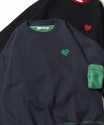 SITRY Heart Embroidery Color Scheme Sweat Shirt/別注 オーバーサイズ ハートロゴ ワンポイントラメ刺繍 裏起毛 配色 トレーナー スウェット レディース メンズ