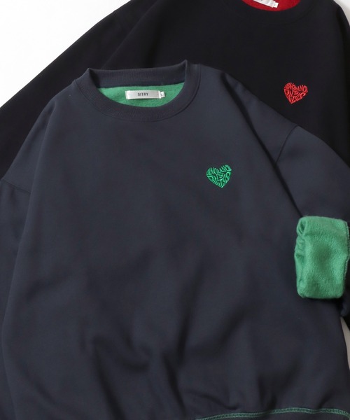 SITRY(シトリー)の「SITRY Heart Embroidery Color Scheme Sweat Shirt/別注 オーバーサイズ ハートロゴ ワンポイントラメ刺繍 裏起毛 配色 トレーナー スウェット レディース メンズ(スウェット・レディース・ネイビー/グレー/ブラウン/ブラック/グレー系その他2/ブラック系その他/グレー系その他/チャコール/ブルー系その他/ブラウン系その他・M/L/XL)」の9枚目の写真